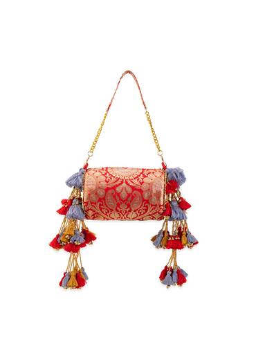 Red Brocade Floral Motif Bag with Tassel
