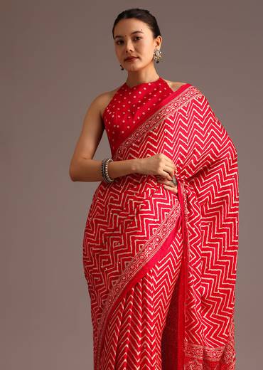 Red Chevron Printed Satin Saree