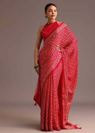 Red Chevron Printed Satin Saree