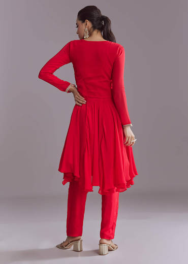Red Chinon Peplum Kurta Set With Zardosi Work