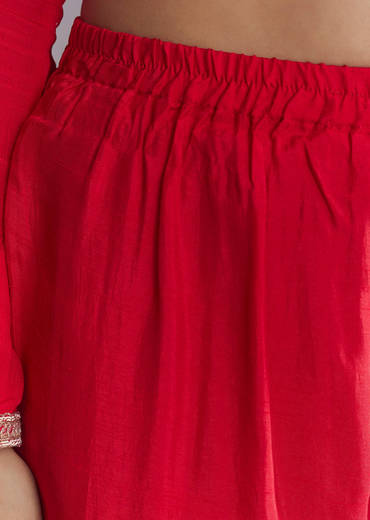 Red Chinon Peplum Kurta Set With Zardosi Work