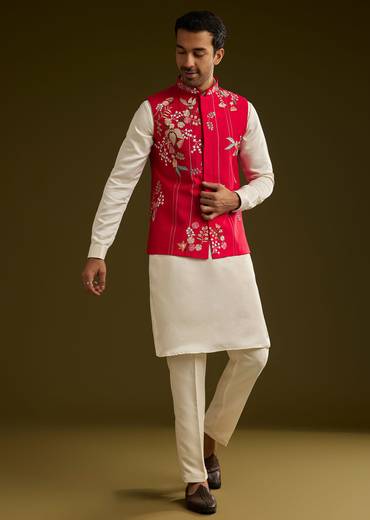 Red Cotton Silk Kurta Set With Nature Motif Jacket