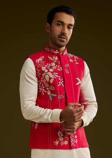 Red Cotton Silk Kurta Set With Nature Motif Jacket