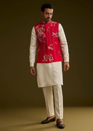 Red Cotton Silk Kurta Set With Nature Motif Jacket