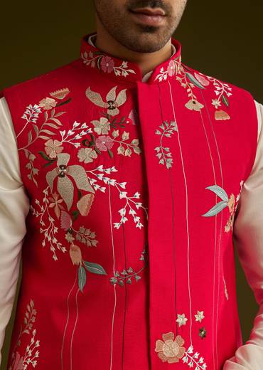 Red Cotton Silk Kurta Set With Nature Motif Jacket