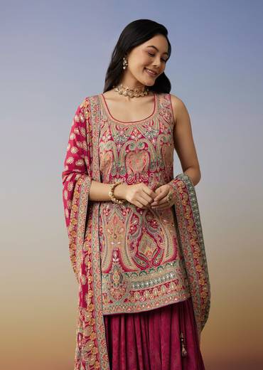 Red Crepe Palazzo Suits with Gotta and Stone Work