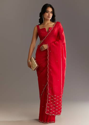 Red Crushed Tissue Embroidered Saree With Cutdana And Sequin Work