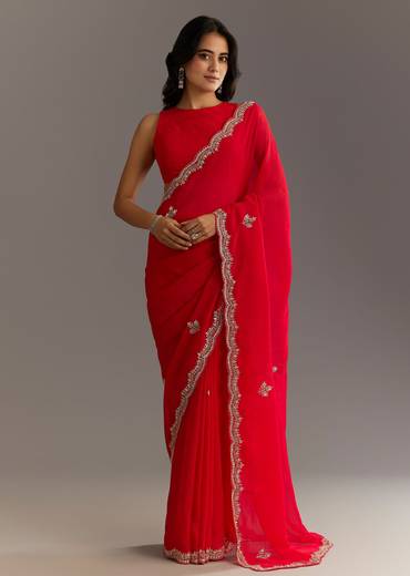 Red Crushed Tissue Embroidered Saree With Scallop Border