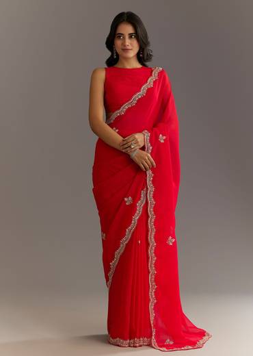 Red Crushed Tissue Embroidered Saree With Scallop Border