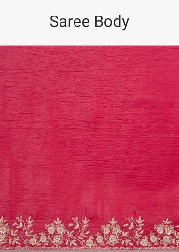 Red Crushed Tissue Saree With Floral Embroidery And Scallop Border