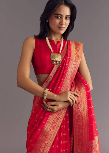 Red Dola Silk Butti Work Saree With Zari Border