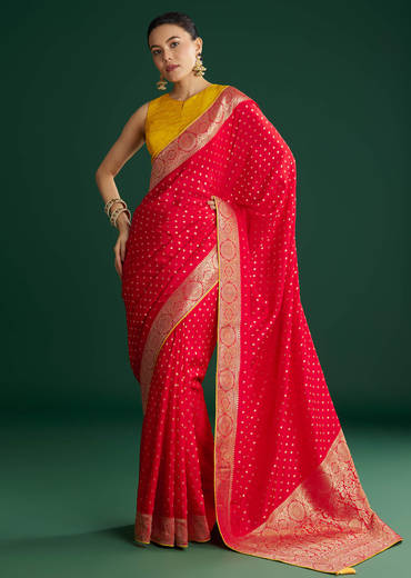 Red Dola Silk Saree With Butti And Floral Woven Border