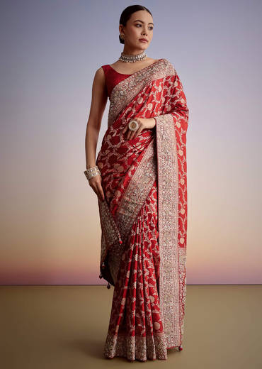 Red Dola Silk Saree With Floral Jaal Work