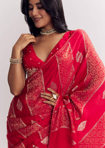 Red Dola Silk Saree With Gota Patti Woven Motifs