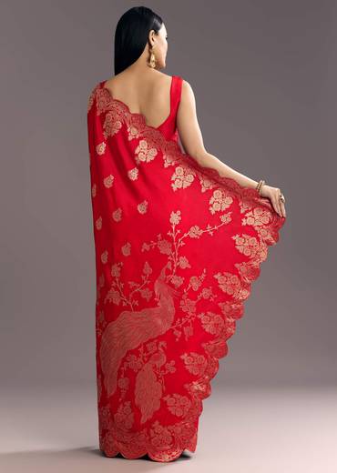 Red Dola Silk Woven Motif Saree With Scallop Border