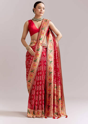 Red Dola Silk Woven Saree With Bandhani Motifs And Zari Border