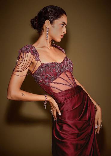 Red Embroidered Corset Gown With Attached Tassel Cape