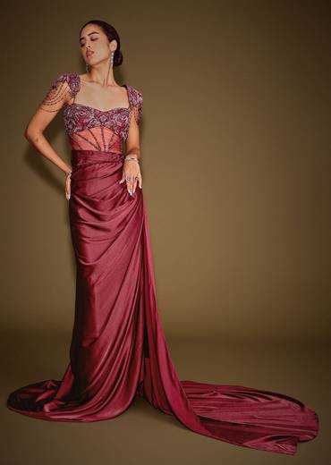 Red Embroidered Corset Gown With Attached Tassel Cape