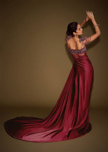 Red Embroidered Corset Gown With Attached Tassel Cape