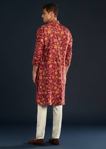 Red Floral Print Silk Kurta Set with Resham Work