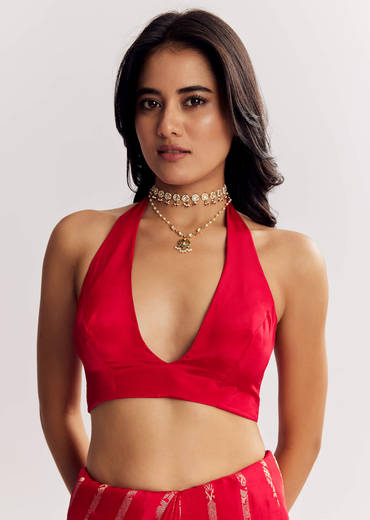 Red Georgette Lurex Saree With Brocade Butti And Gota Patti Border