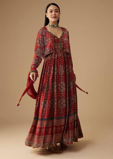 Red Hand Dyed Ajrakh Gown with Jacket and Scarf