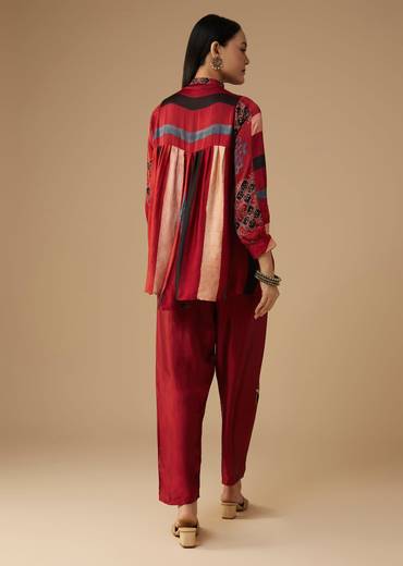 Red Hand Dyed Ajrakh Tunic and Pant Set