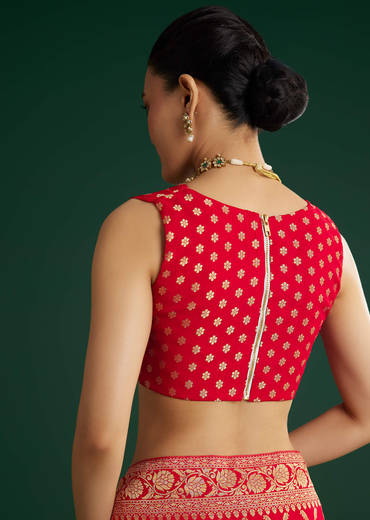 Red Jaal Work Saree With Floral Border And Pallu