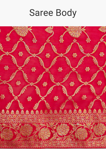 Red Jaal Work Saree With Floral Border And Pallu