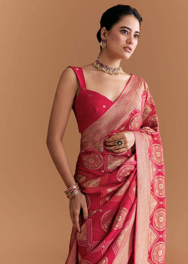 Red Khadhi Georgette Saree With Geometric Motifs In Zari Work