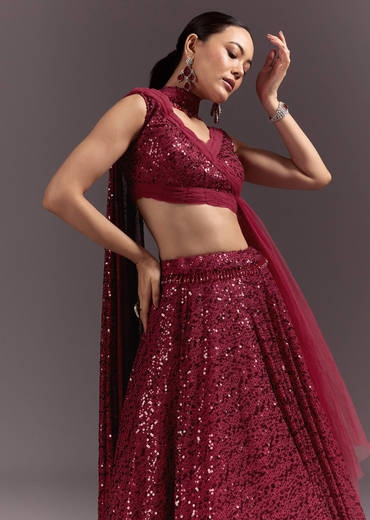 Red Lehenga Set With Embellished Dupatta And Tassels