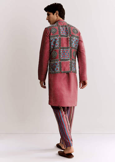 Red Linen Kurta Jacket Set With Ajrakh Print