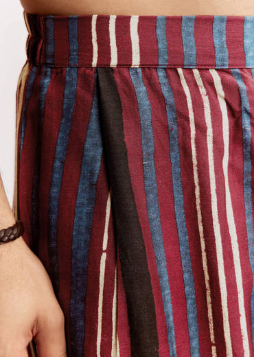 Red Linen Kurta Jacket Set With Ajrakh Print