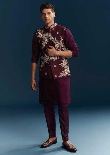 Red Maroon Silk Kurta Jacket Set With Thread Mirror Sequin Bead Work