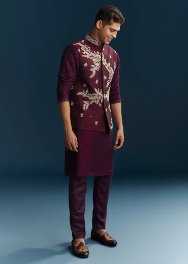 Red Maroon Silk Kurta Jacket Set With Thread Mirror Sequin Bead Work