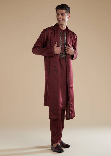 Red Maroon Silk Kurta Set With Metal Stone Detail