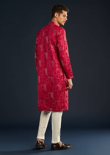 Red Mens Silk Abla Work Kurta Set