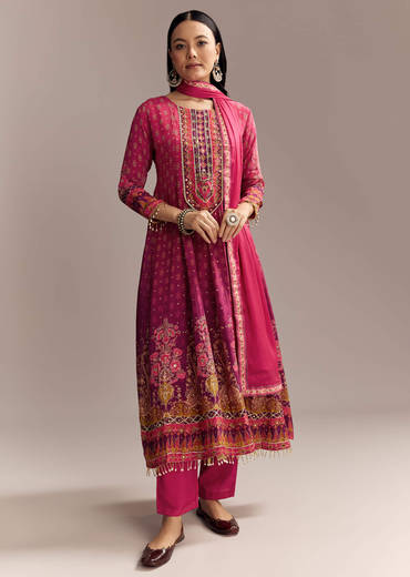 Red Ombre Crepe Printed Anarkali Suit With Embroidery And Tassels