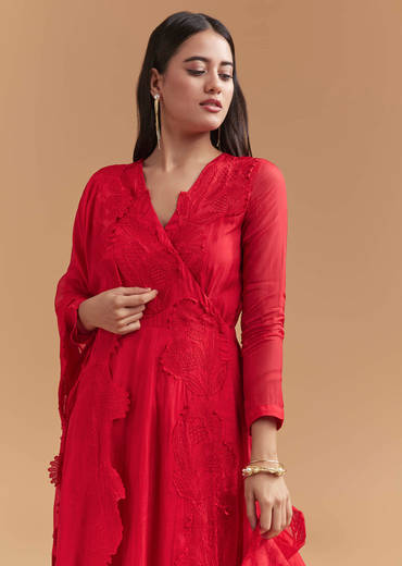 Red Organza Anarkali Suit With Intricate Resham Work