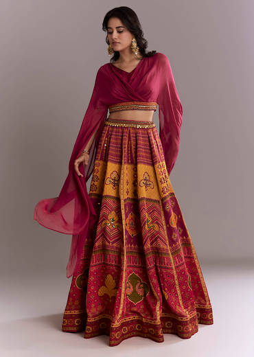 Red Organza Crop Top And Printed Skirt Set With Mirror Work