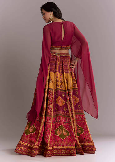 Red Organza Crop Top And Printed Skirt Set With Mirror Work