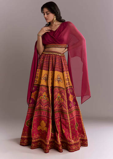 Red Organza Crop Top And Printed Skirt Set With Mirror Work