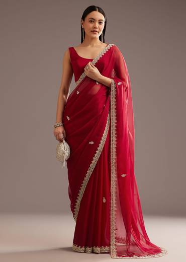 Red Organza Saree With Cutdana And Sequins Border