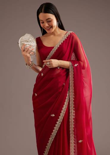 Red Organza Saree With Cutdana And Sequins Border
