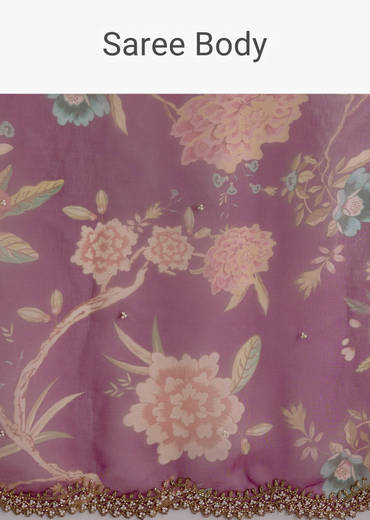 Wine Organza Saree With Floral Print And Hand Embellished Border
