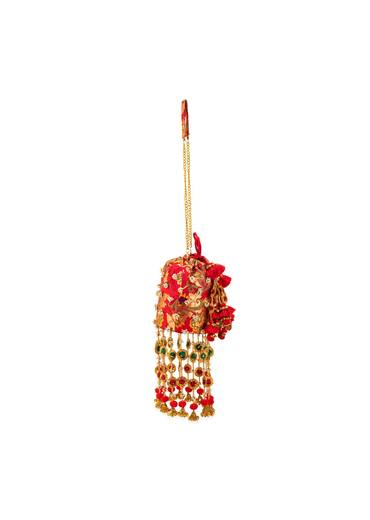 Red Pearl Embellished Layered Pom Pom Tassel Potli Bag