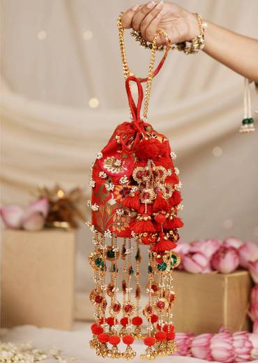Red Pearl Embellished Layered Pom Pom Tassel Potli Bag