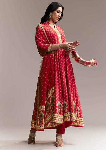 Red Printed Crepe Anarkali Set