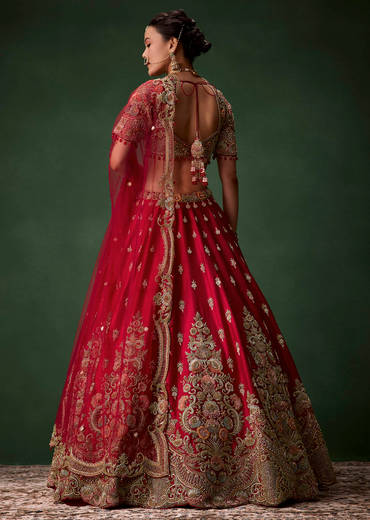 Red Raw Silk Bridal Lehenga Set with Two Dupattas
