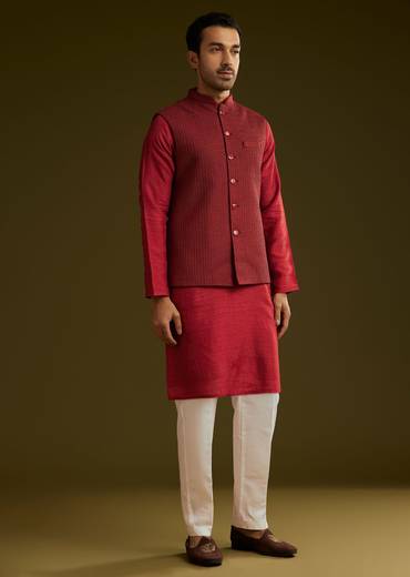 Red Rayon Kurta Jacket Set